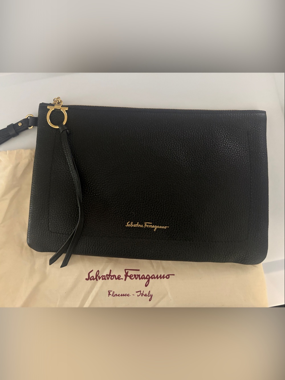 Salvatore Ferragamo Black Pebbled Leather Wristlet bag Like New